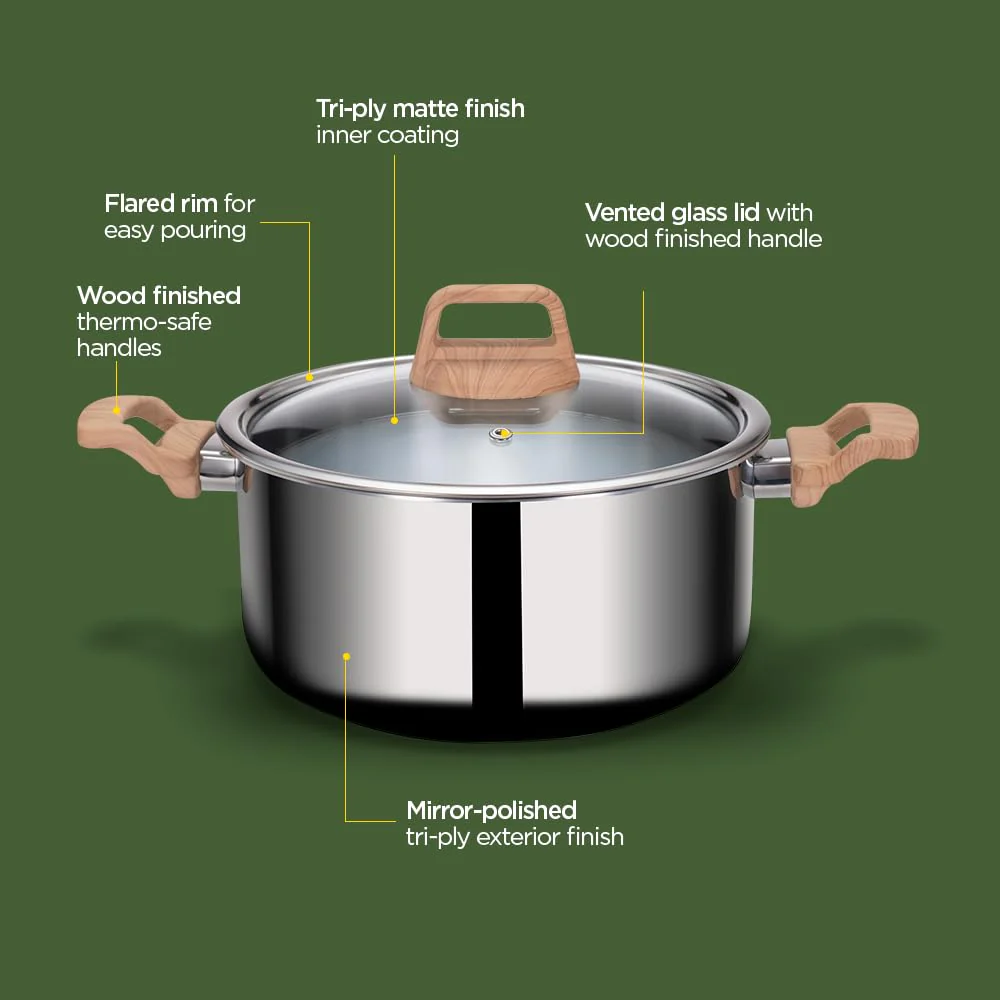 Timber Stainless Steel Triply Pot With Glass Lid 25cm, 5 Liters | Bhagona For Biryani, Pulao, Halwa, Curries - Wood Finished Handle | Induction & Gas Base - Image 3