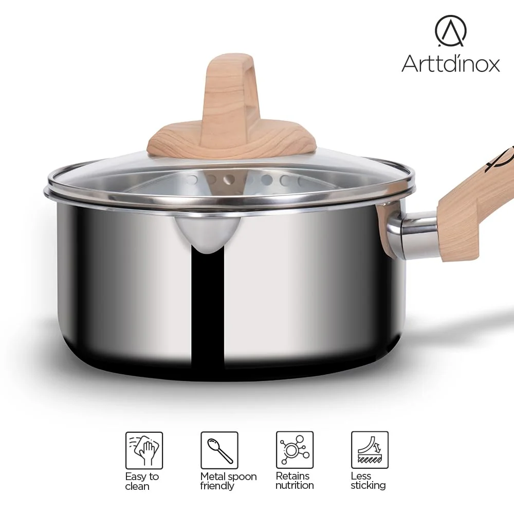 Timber Stainless Steel Triply Saucepan With Glass Lid - 16 Cm, 1.5 Liters | Milk Pot, Tea Pan, Wood Finished Handle - Gas & Induction Base - Image 5