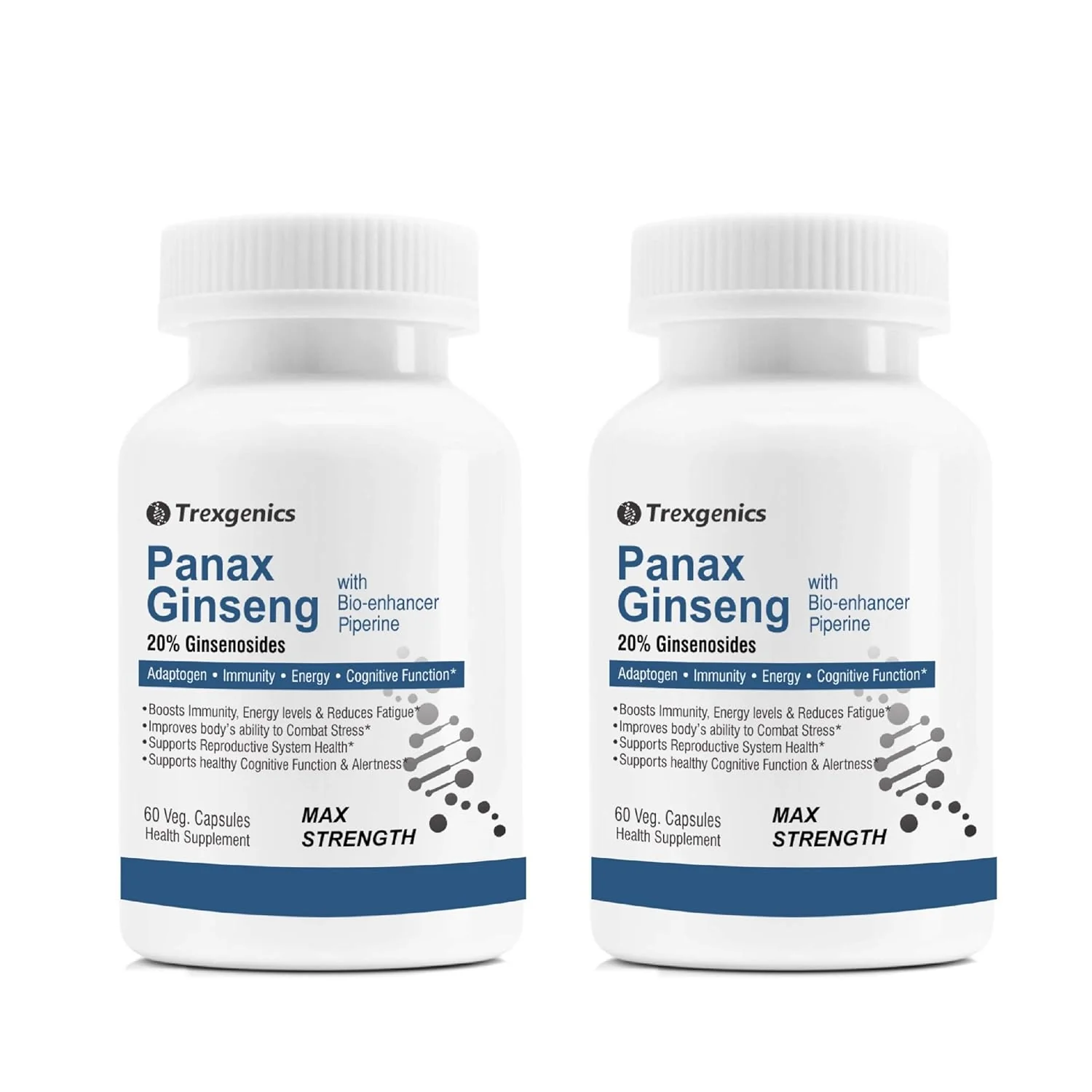 Trexgenics Panax Red Korean Ginseng 20% Ginesenosides 500mg Premium With Bio - Enhancer Piperine 5mg Adaptogen, Immunity, Energy, Cognitive Function | 60 Veg Capsules 100gm 0.2lbs Each Pack Of 2
