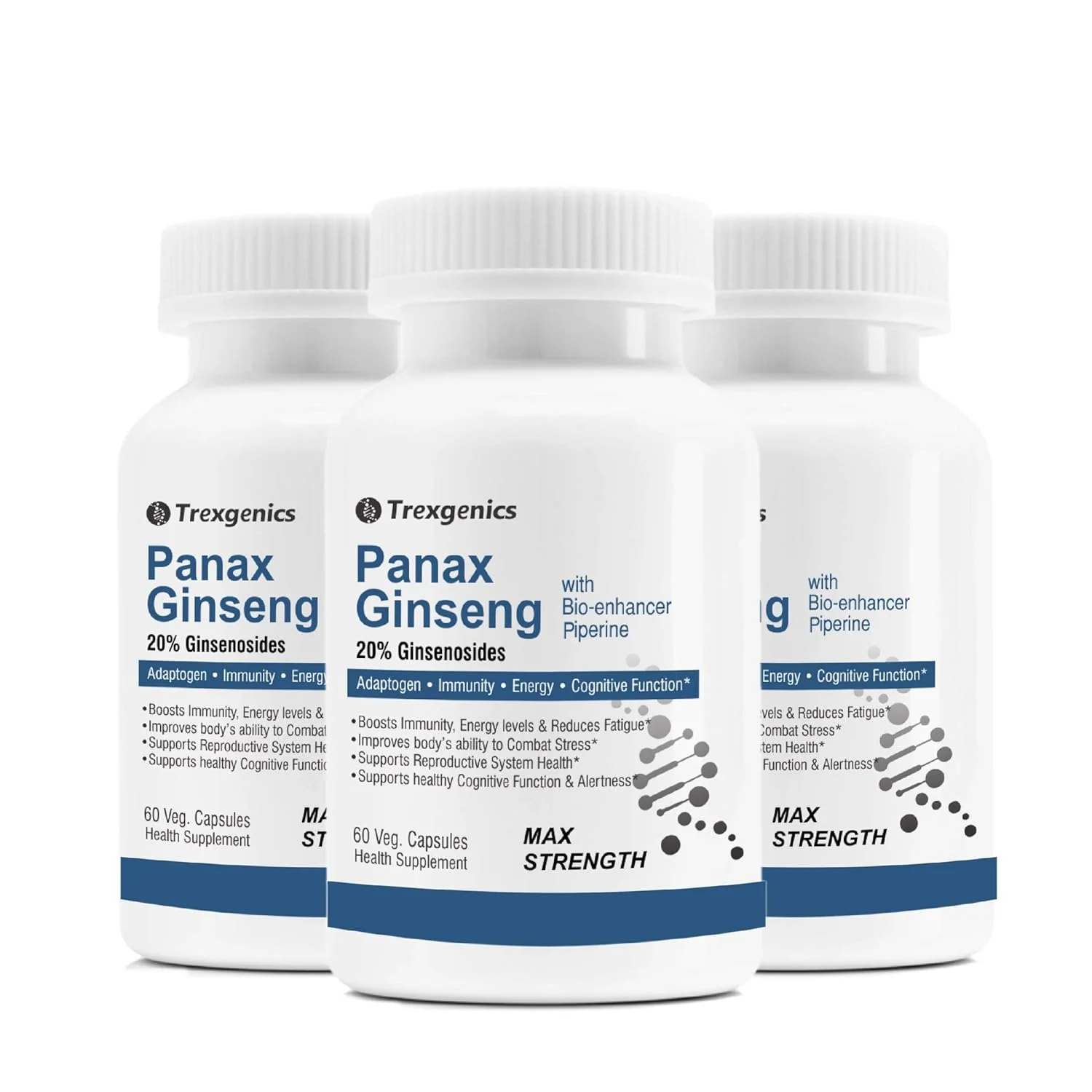 Trexgenics Panax Red Korean Ginseng 20% Ginesenosides 500mg Premium With Bio Enhancer Piperine 5mg Adaptogen, Immunity, Energy, Cognitive Function | 60 Veg Capsules 100gm 0.2lbs Each Pack Of 3