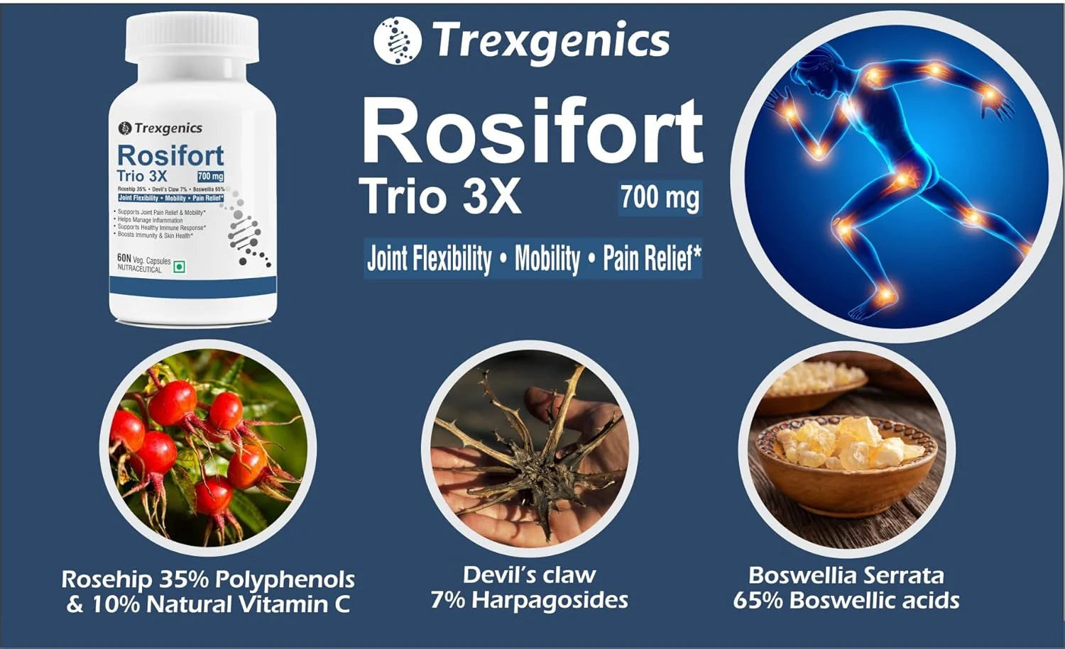 Trexgenics Rosiforte Trio Rosehip, Boswellia, Devil's Claw 700mg Joint Pain & Inflammation Support Vegan & Non - Gmo | 60 Veg Capsules 100gm 0.2lbs - Image 2