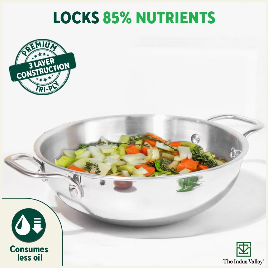 Triply Stainless Steel Cookware Set + Free Wooden Chopping Board | Kadai 20.3 Cm, 1.7 Liters + Stock Pot 22 Cm, 2.9 Liters - Pack Of 3 | Induction Friendly, Nonstick 3-Layer Body, 100% Pure & Toxin-Free - Image 4