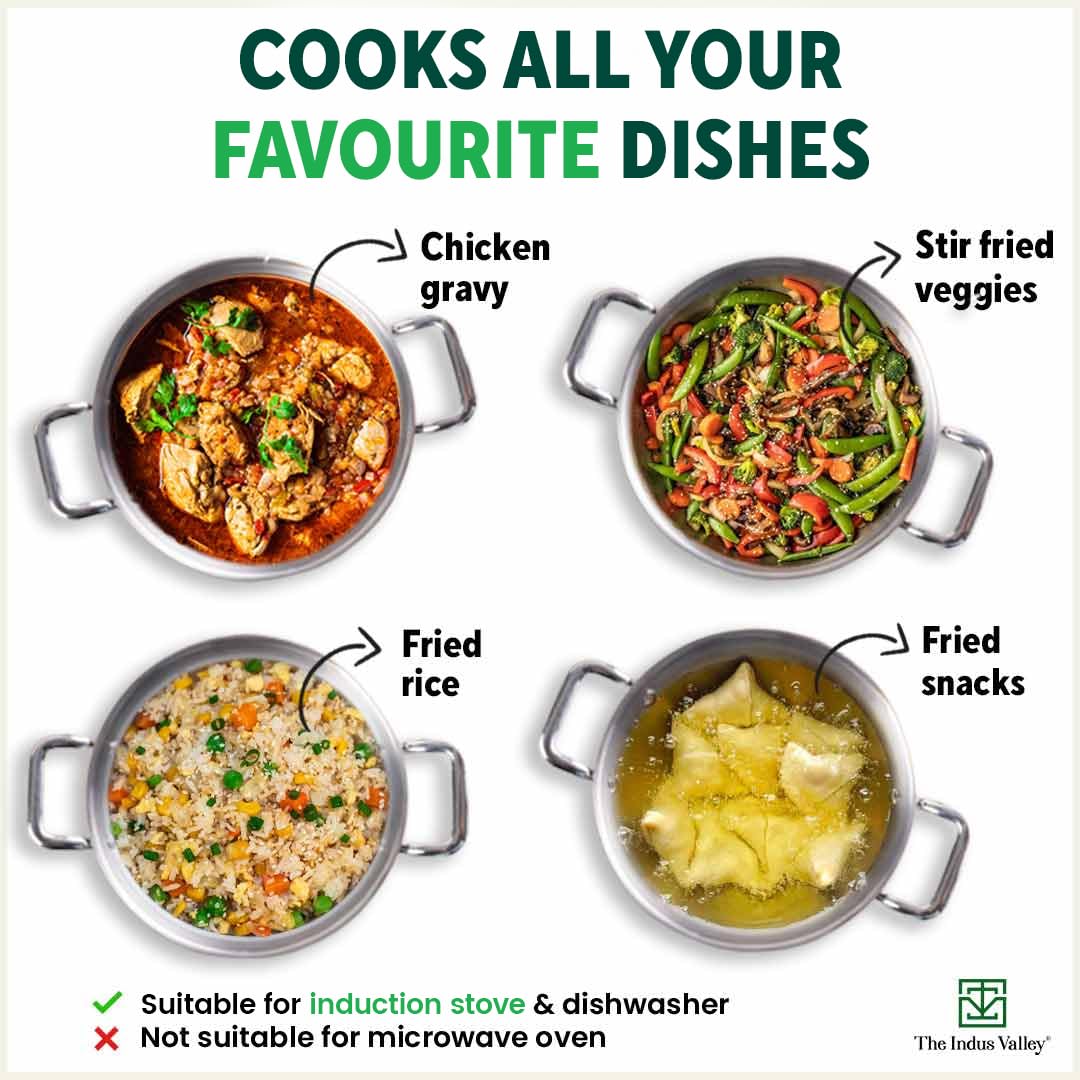 Triply Stainless Steel Cookware Set + Free Wooden Chopping Board | Kadai 20.3 Cm, 1.7 Liters + Stock Pot 22 Cm, 2.9 Liters - Pack Of 3 | Induction Friendly, Nonstick 3-Layer Body, 100% Pure & Toxin-Free - Image 8