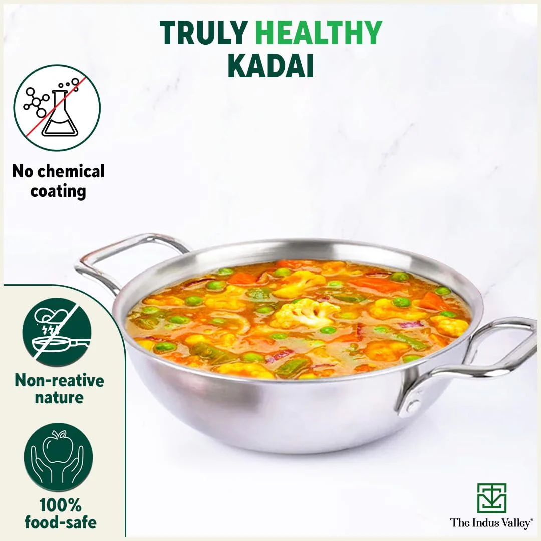 Triply Stainless Steel Cookware Set + Free Wooden Chopping Board | Kadai 23.4cm, 2.7 Liters + Stock Pot 16.7cm, 1.4 Liters - Pack Of 3 | Induction Friendly, Nonstick 3-Layer Body, 100% Pure & Toxin-Free - Image 2