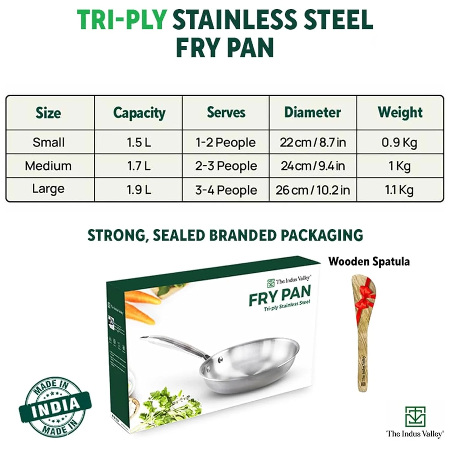 Triply Stainless Steel Fry Pan With Free Wooden Spatula For 2-3 People - Medium, 24cm, 9.4 Inch, 1.7 Liters, 1 Kg | Induction Friendly, Nonstick 3-Layer Body, Toxin-Free, No Chemical Coating - Image 2