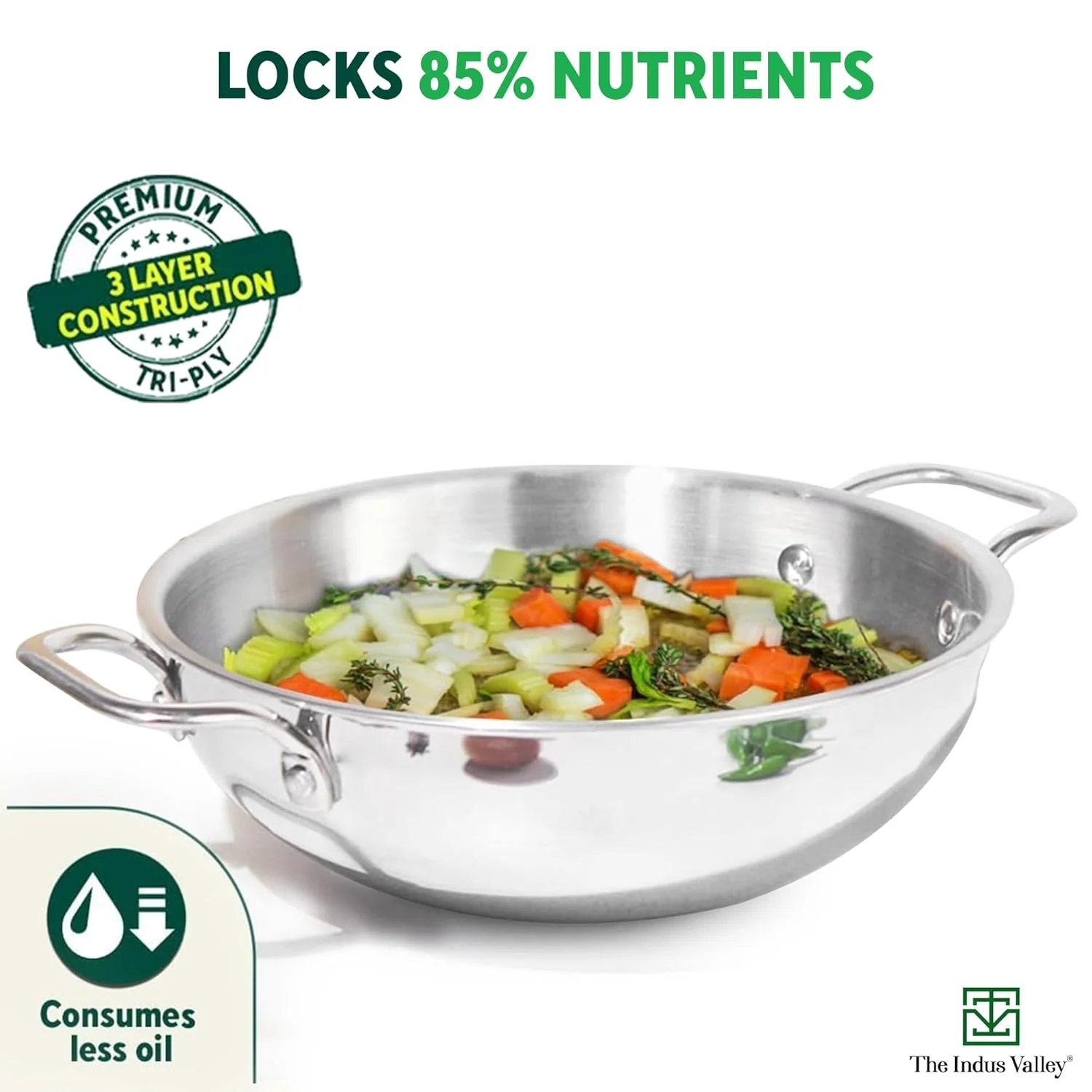 Triply Stainless Steel Kadai Or Kadhai With Free Wooden Spatula For 1-2 People - Very Small, 20.3cm, 8 Inch, 1.7 Liters, 1kg | Induction Friendly, Nonstick 3-Layer Body, No Chemical Coating - Image 5