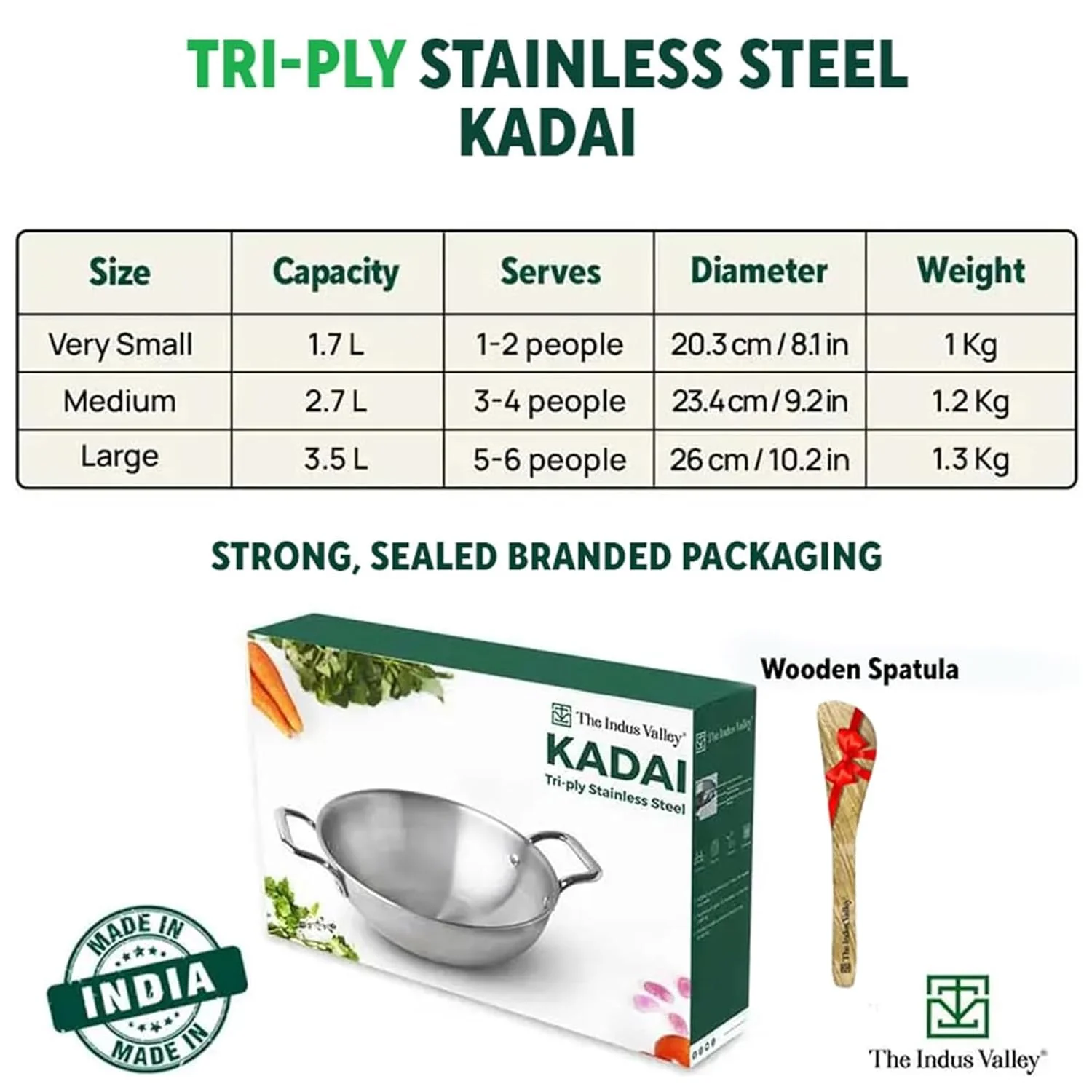 Triply Stainless Steel Kadai Or Kadhai With Free Wooden Spatula For 5-6 People - Large, 26cm, 10.2 Inch, 4 Liters, 1.3 Kg | Induction Friendly, Nonstick 3-Layer Body, No Chemical Coating - Image 3