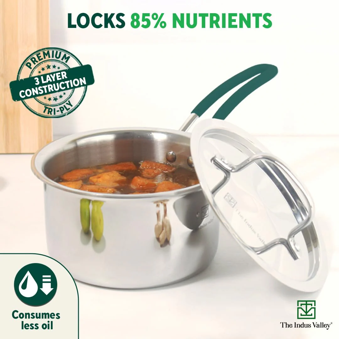 Triply Stainless Steel Sauce Pan Or Milk Pan With Steel Lid For 4-5 People | Large 21.4cm, 8.4 Inch, 3 Liters, 1.6 Kg - Induction Friendly, Nonstick 3-Layer Body, 100% Pure & Toxin-Free - Image 5