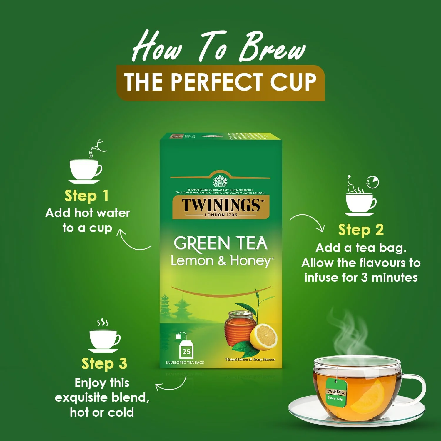 Twinings Lemon & Honey Green Tea - 50gm, 1.7 Ounce, 25 Enveloped Tea Bags | Good Source Of Hydration, Rich In Antioxidants - Caffeine Free Green Tea - Image 3