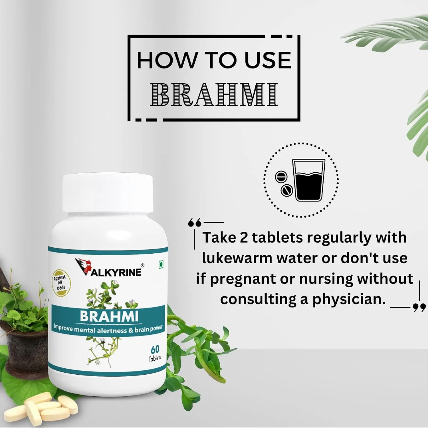 Valkyrine Brahmi, Mind Care & Memory Booster, Acts As A Potent Antioxidant Neuroprotector | 60 Tablets 100gm 0.2lbs Each Pack Of 2
