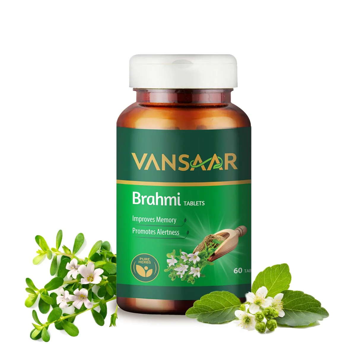 Vansaar Brahmi Tablets, Helps Improve Memory, Promotes Alertness, Made With 100% Pure Brahmi, Support A Healthy Sleep Routine | 60 Tablets 100gm 0.2lbs