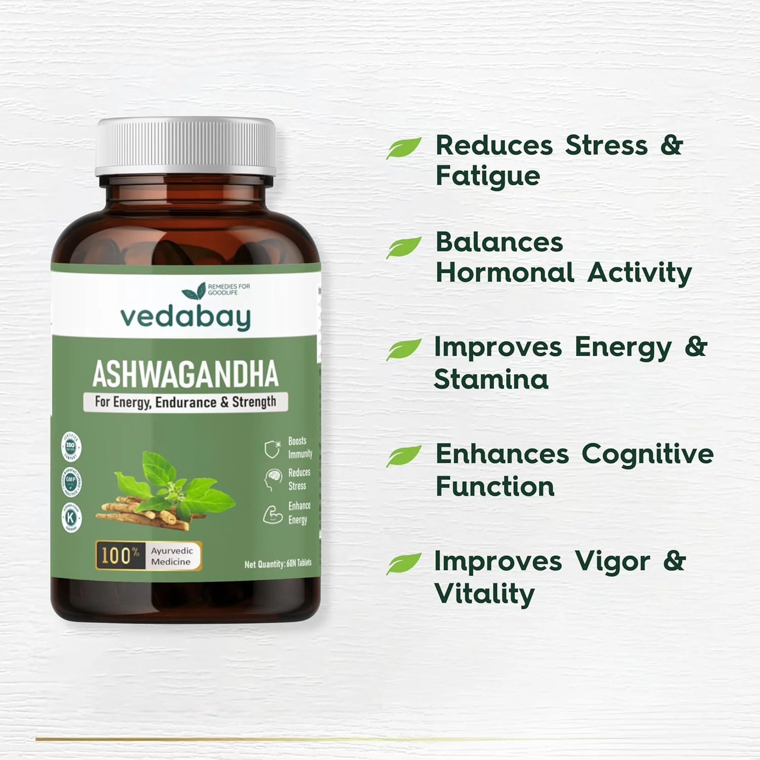 Vedabay Ashwagandha Tablets 600mg, Best For Extra Strength, Performance, Vitality, Anxiety & Stress Relief, 100% Natural | 60 Tablets 100gm 0.2lbs - Image 2