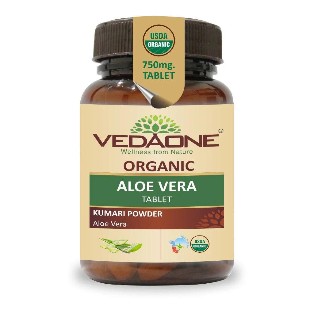 Vedaone Aloe Vera Tablets As Herbal Supplements, 100% Pure Organic Aloe Vera Extract 750mg | 60 Tablets, 100gm 0.2lbs