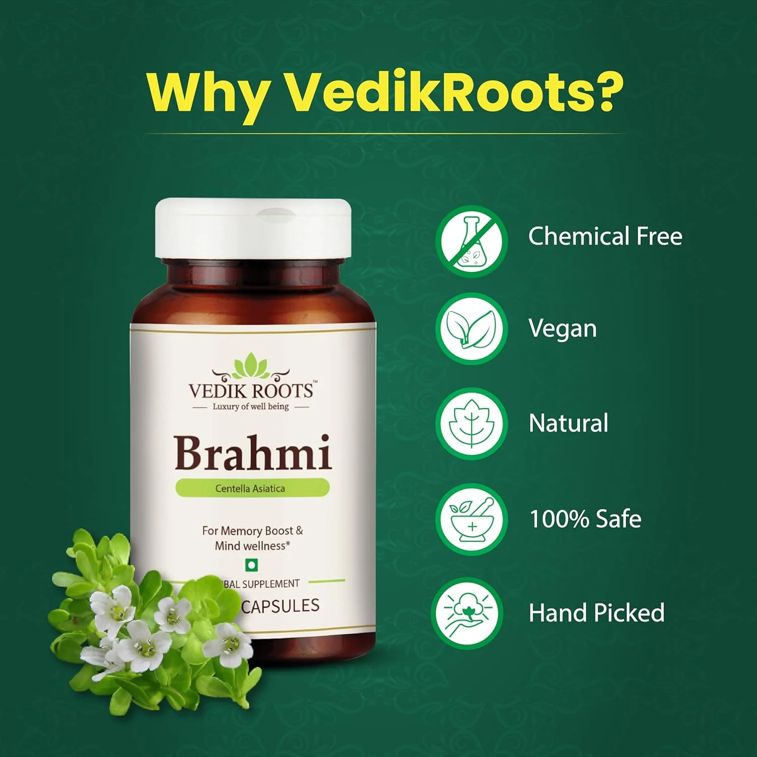 Vedikroots Organic Brahmi Capsules Natural Brain & Memory Support Herbal Supplement For Stress Relief & Focus, Rich In Antioxident, Helps Improve Memory | 60 Veg Capsules 100gm 0.2lbs - Image 5