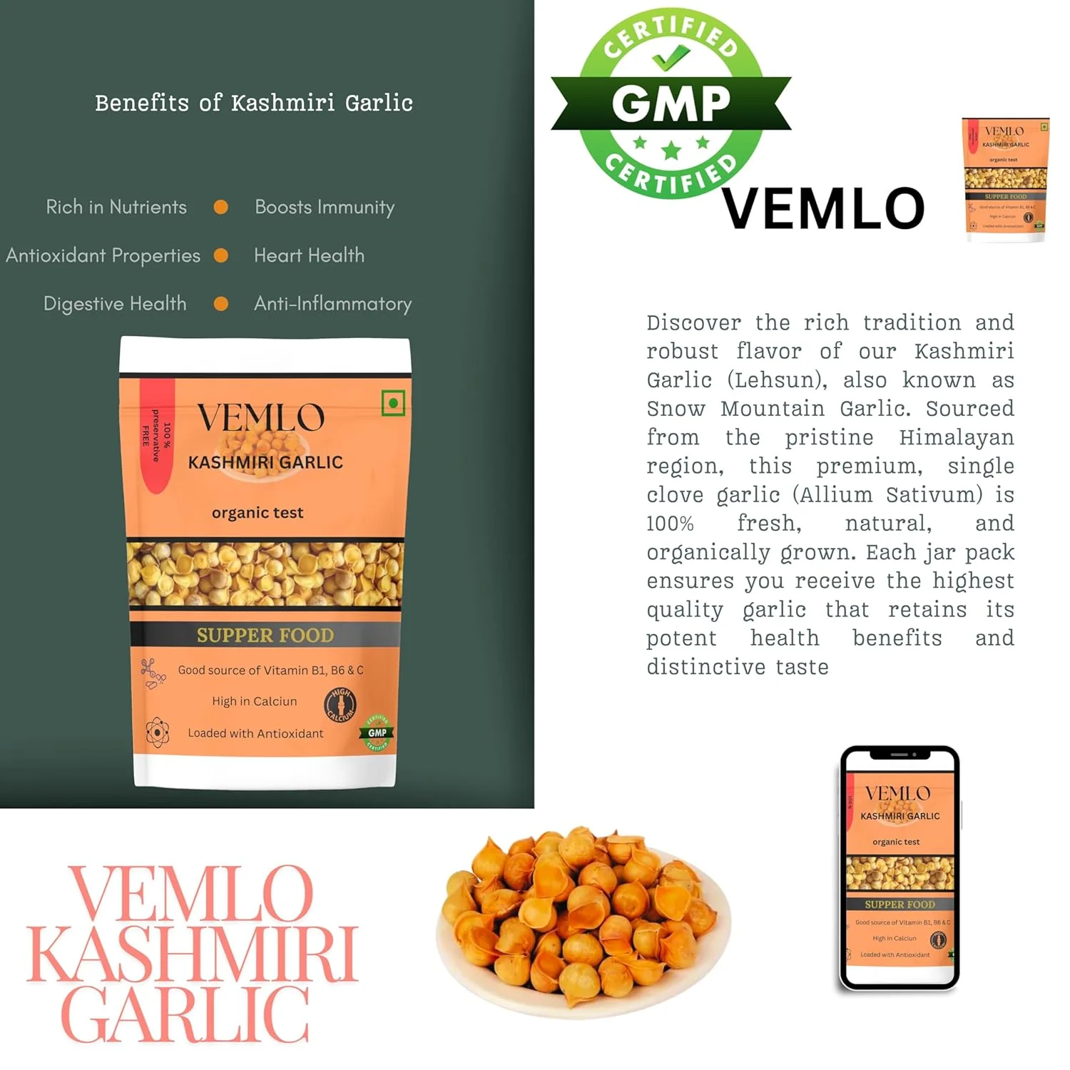 Vemlo Kashmiri Garlic 100% Fresh & Natural Organic Single Clove Garlic, Premium Himalayan Allium Sativum For Strong Immunity, A Taste Of Himalayan Tradition | 150gm 0.3lbs - Image 4