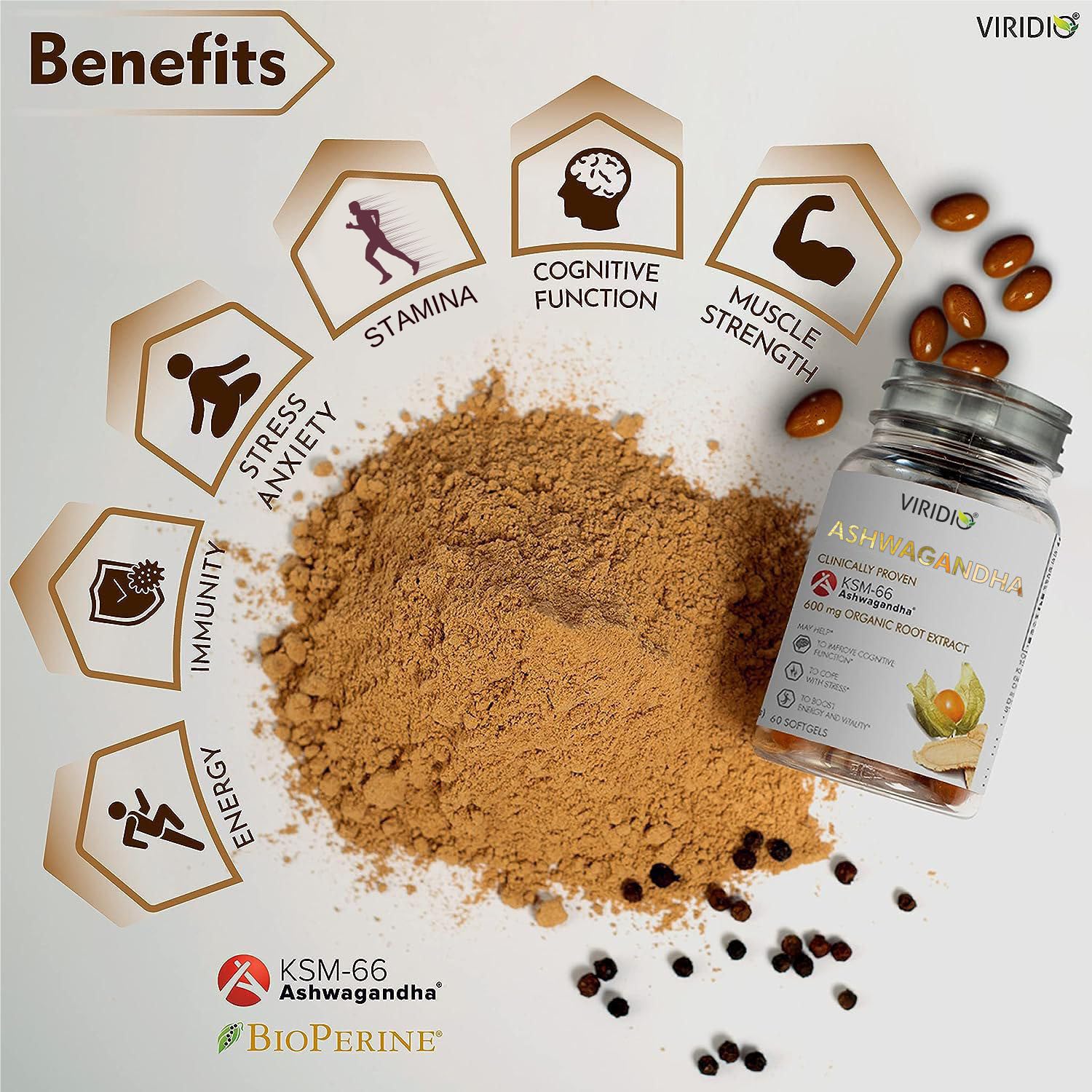 Viridio Ashwagandha Ksm 66, 600mg Organic Root Extract, Support Muscle Strength & Immunity Booster, Helps In Stress Management | 60 Softgel Capsules 100gm 0.2lbs - Image 2