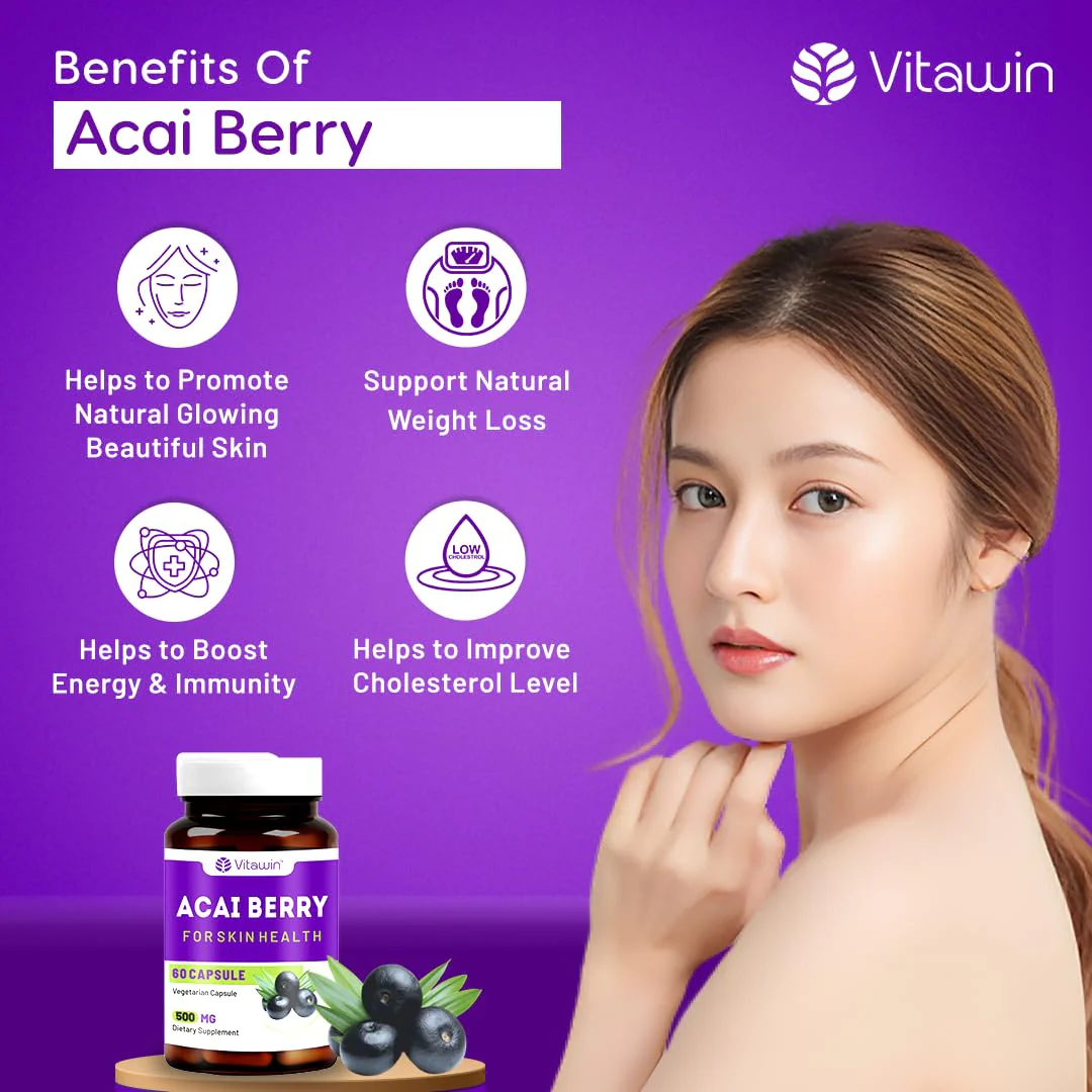 Vitawin Acai Berry For Healthy Skin & Antioxidants Supports, Ultimate Health & Nutrition Supplements, 500mg | Veg 60 Capsules 100gm 0.2lbs - Image 4