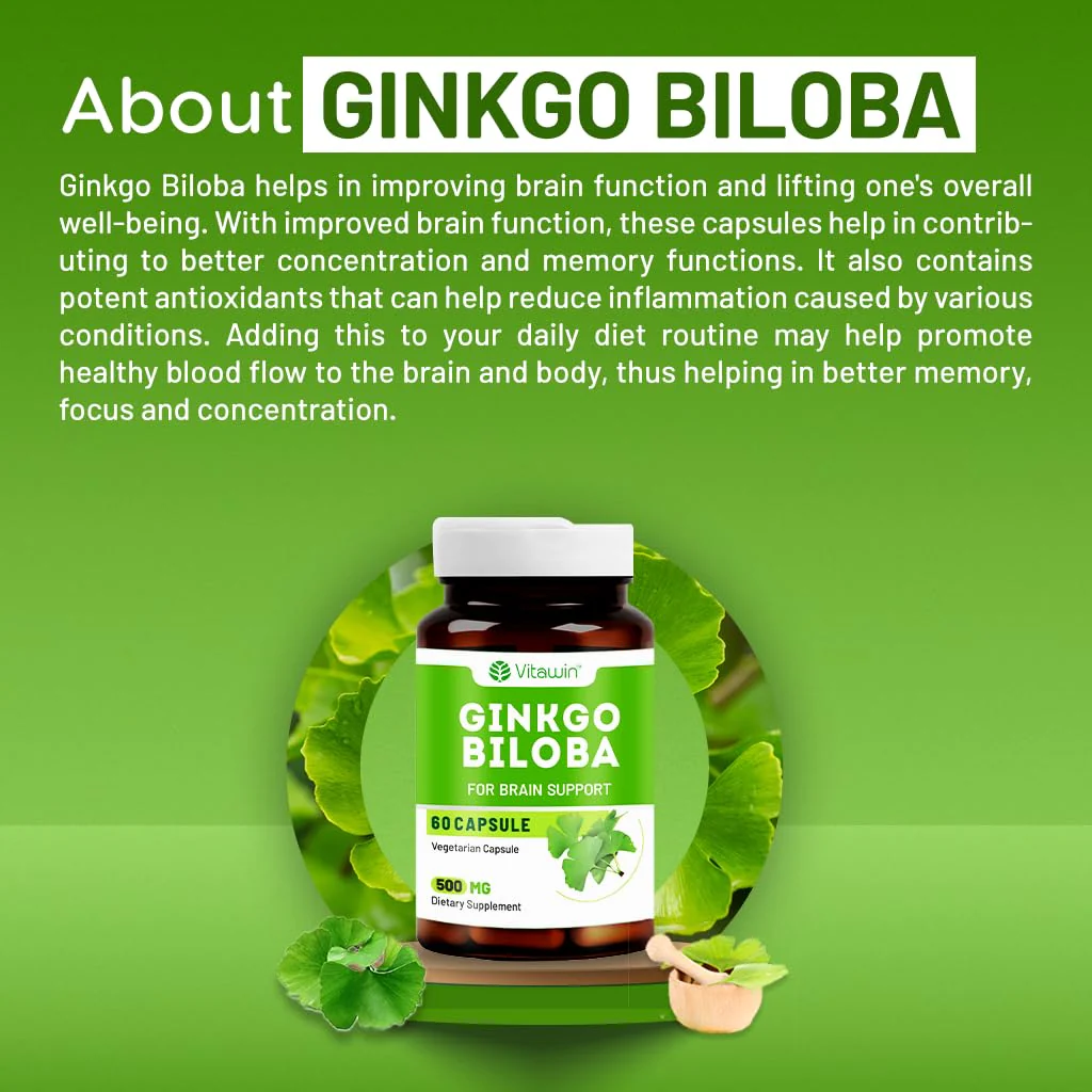Vitawin Ginkgo Biloba For Brain Tonic, Herbal Nutrition Supplement, Natural, Helps To Improve Memory, Focus & Concentration | 60 Veg Capsules 100gm 0.2lbs - Image 3