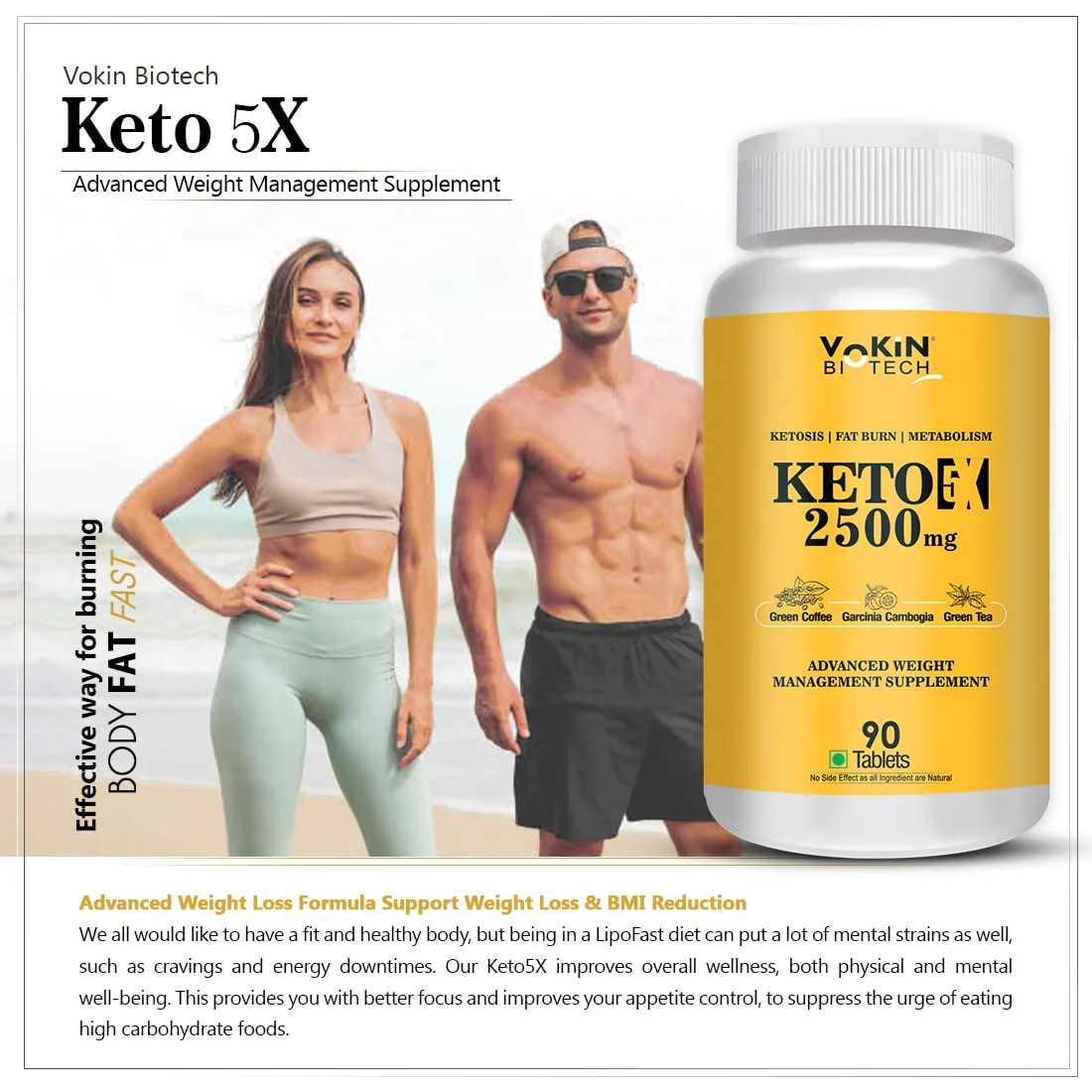 Vokin Biotech Keto 5x With Garcinia Cambogia Natural Weight Loss Supplement For Men & Women | 90 Tablets 100gm 0.2lbs - Image 4