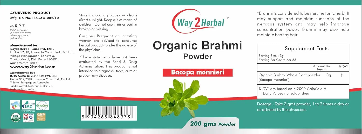 Way 2 Herbal Organic Brahmi Powder, Bacopa Monnieri, Chemical & Gluten Free, 100% Natural & Pure Organic Powder | 200gm 0.4lbs Each Pack Of 5 - Image 2