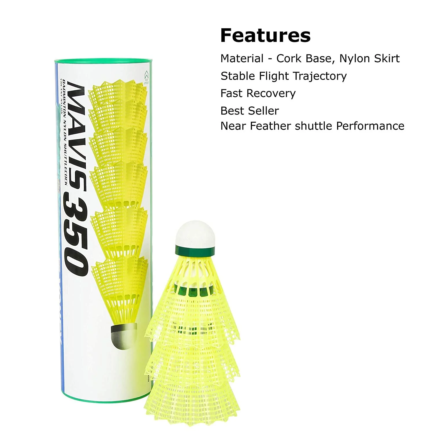 Yonex MAVIS 350 Badminton Nylon Shuttlecocks, Green Cap, Colour - Yellow, Pack Of 6 Shuttles - Image 4