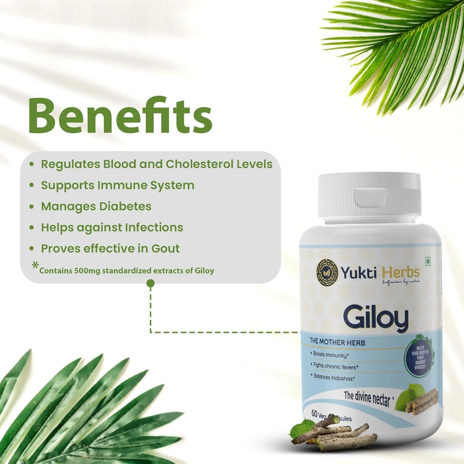 Yukti Herbs Giloy Capsules Lowers Sugar Levels Best Herb For Gout, Helps In Diabeteschronic Fever, 100% Natural Extracts, Pure Vegetarian Formula | 60 Capsules 100gm 0.2lbs - Image 4