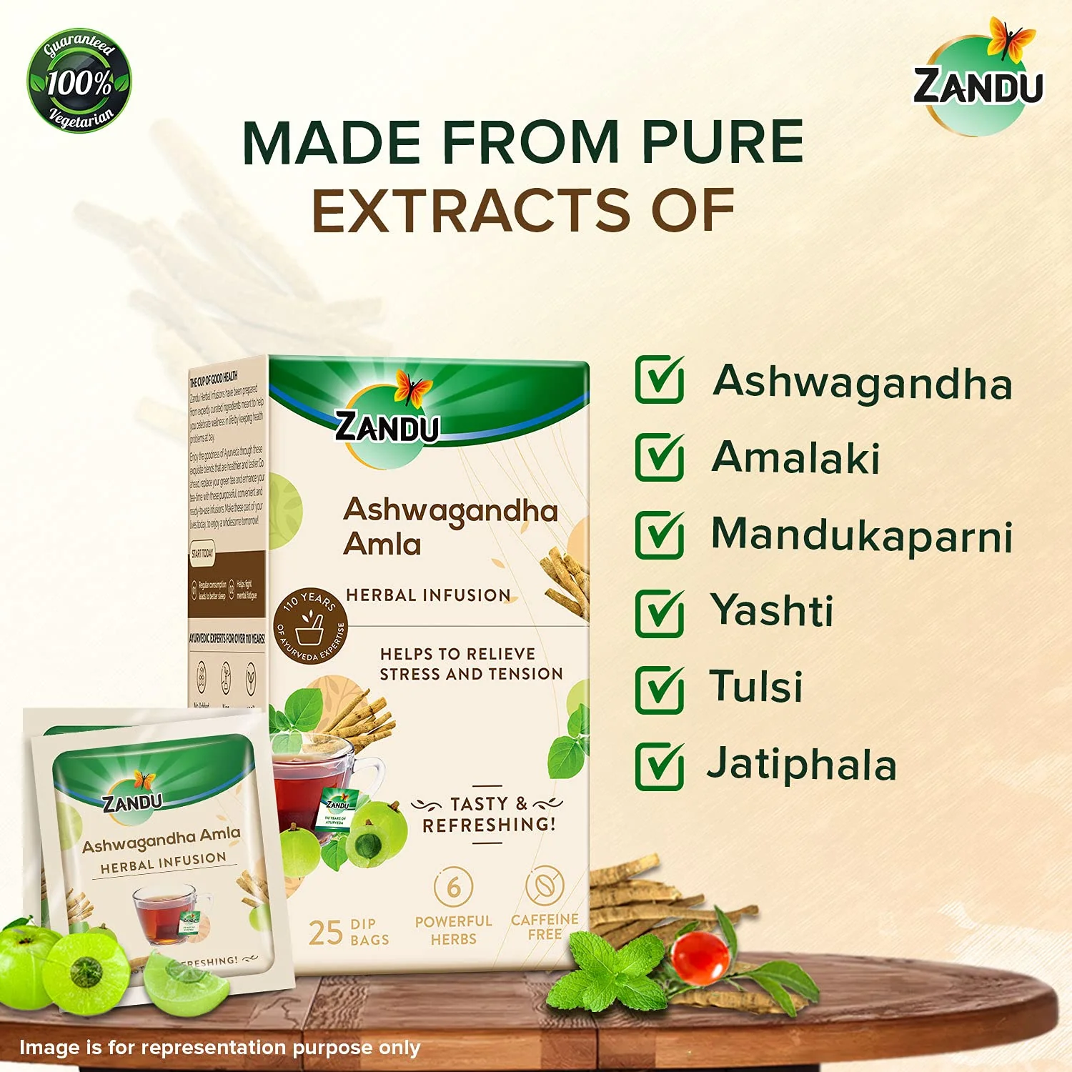 Zandu Ashwagandha Amla Herbal Infusion Tea - 25 Tea Bags | Enriched With 6 Ayurvedic Ingredients - Relieves Stress & Tension | Enhances Immunity - Caffeine Free, Non GMO - Image 4