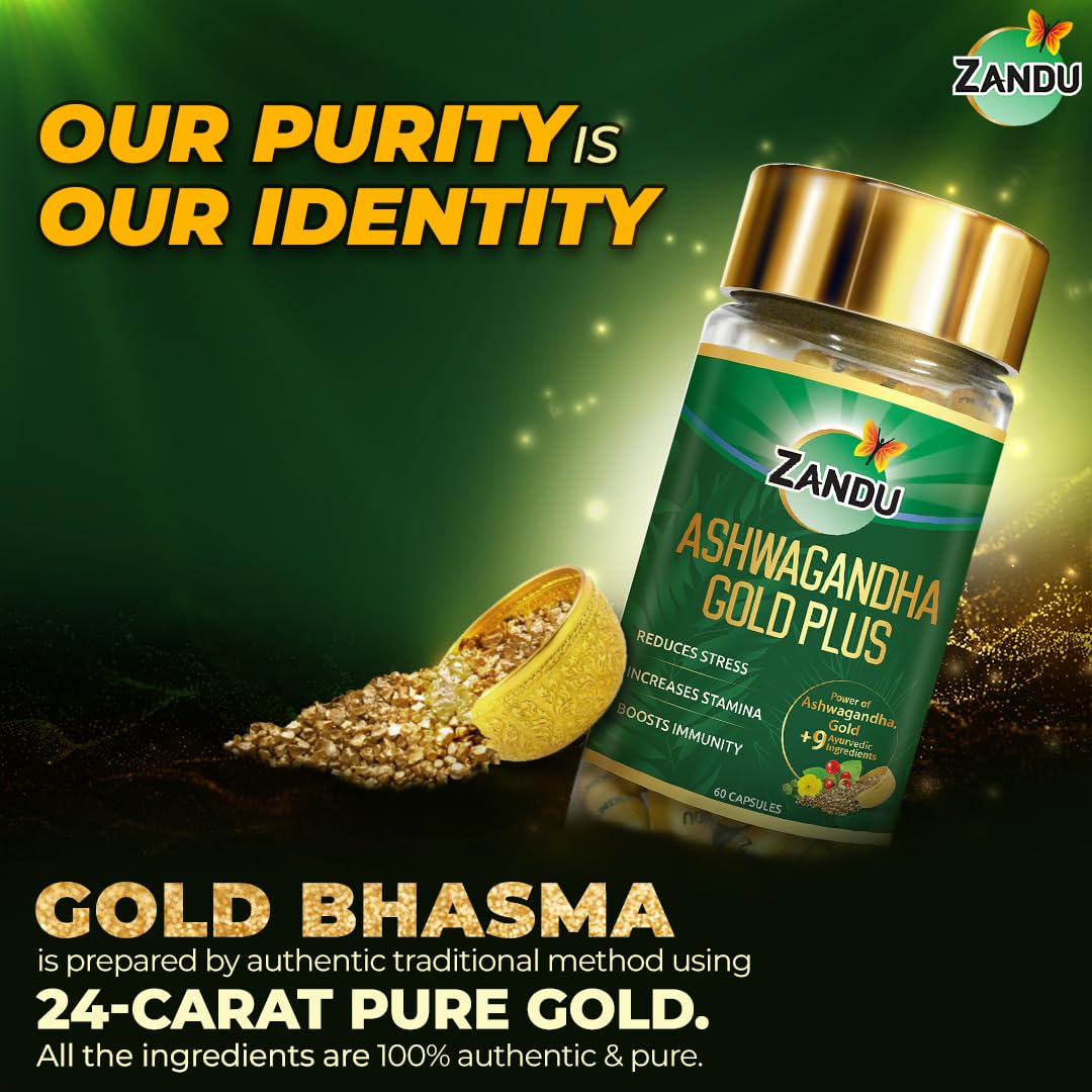 Zandu Ashwagandha Gold Plus Made With Gold, Ashwagandha, Safed Musli, Shilajit & Other Ayurvedic Ingredients, Helps To Boost Stamina, Strengthens Immunity | 60 Capsules 100gm 0.2lbs - Image 4