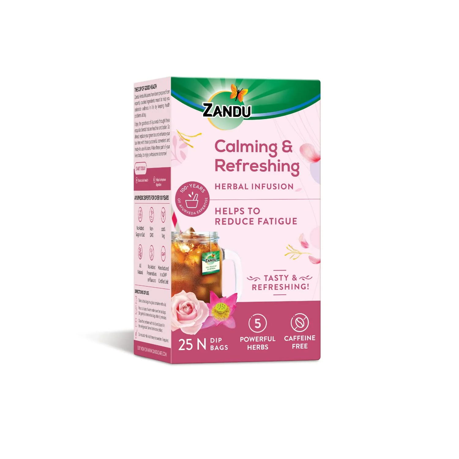 Zandu Calming & Refreshing Herbal Infusion Tea - 25 Tea Bags | 1st Ayurvedic Iced Herbal Tea With Taste & Health Benefits - Improves Skin Health | Caffeine Free