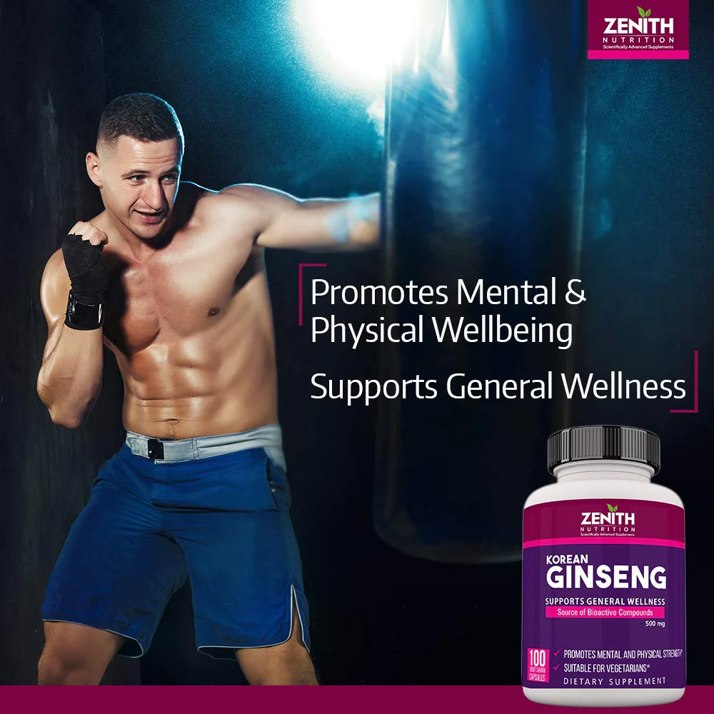 Zenith Nutrition Korean Ginseng For More Energy, Vitality And Endurance 500mg, Multivitamin Supplements | 100 Veg Capsules 150gm 0.3lbs - Image 2