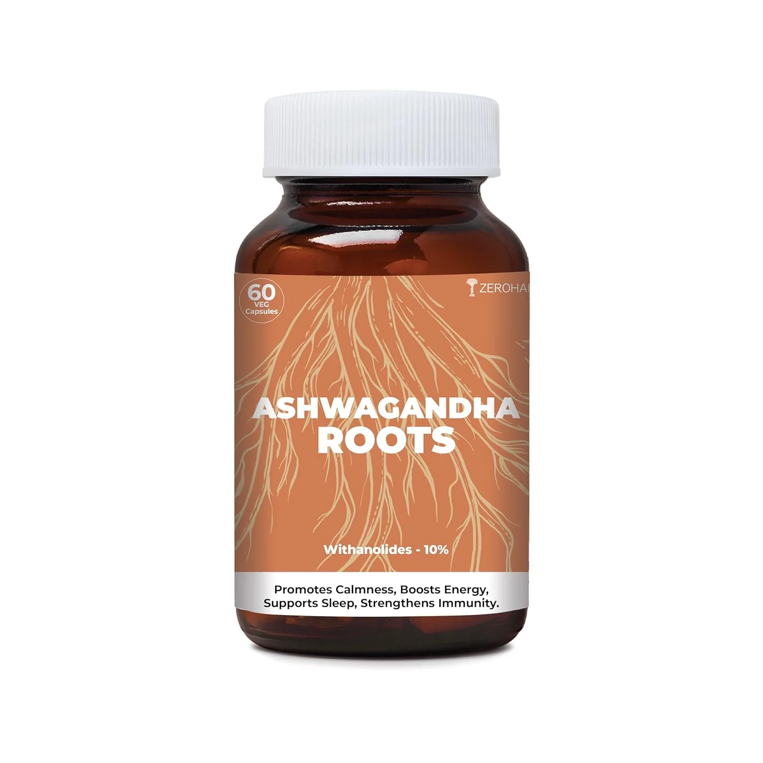 Zeroharm Ashwagandha Roots Extract Capsules 10% Withanolide Extract Concentration 500mg Ashwagandha Supplements Enhances Muscle Mass & Brain Function | 60 Veg Capsules 100gm 0.2lbs