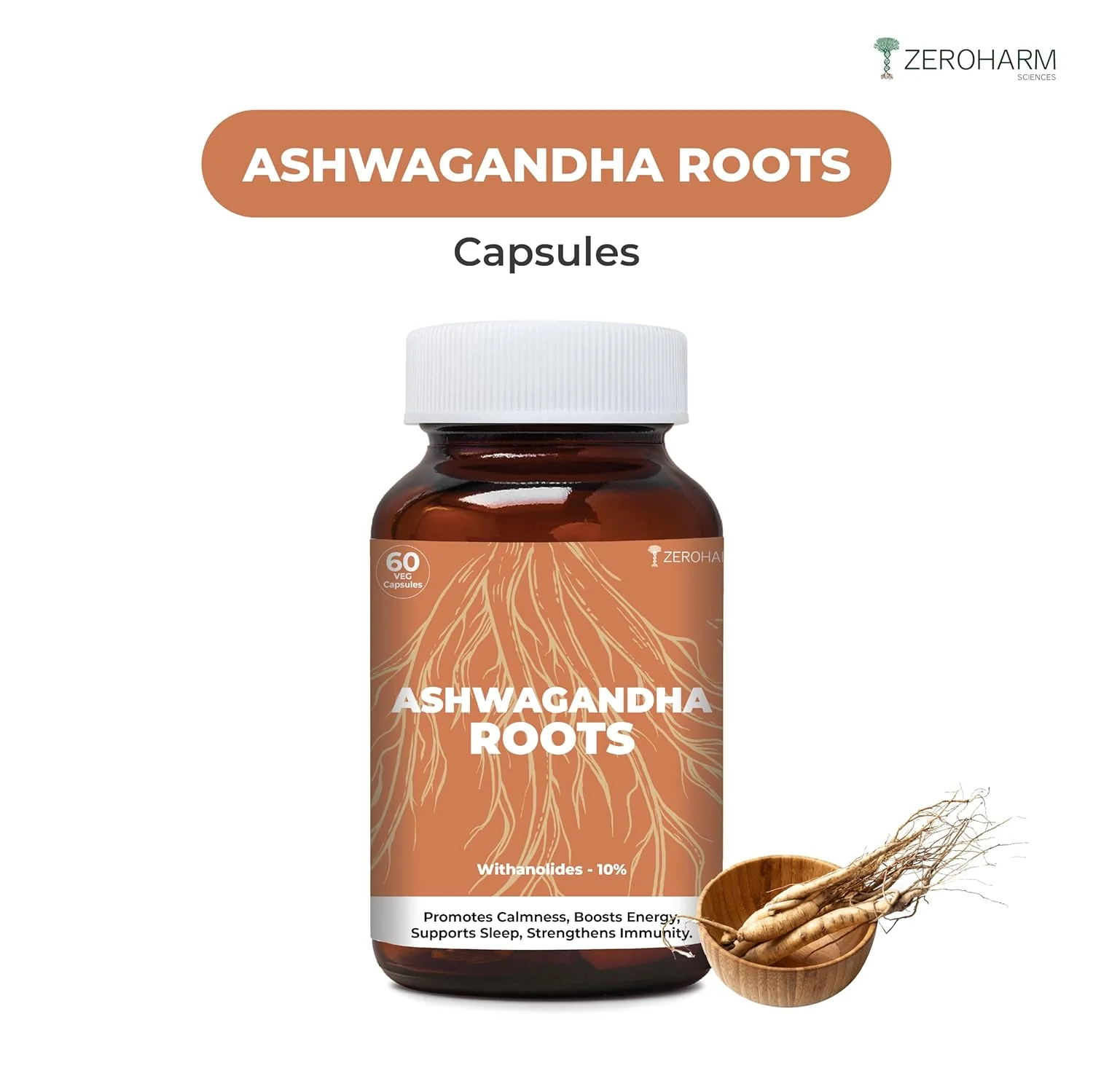 Zeroharm Ashwagandha Roots Extract Capsules 10% Withanolide Extract Concentration 500mg Ashwagandha Supplements Enhances Muscle Mass & Brain Function | 60 Veg Capsules 100gm 0.2lbs - Image 2