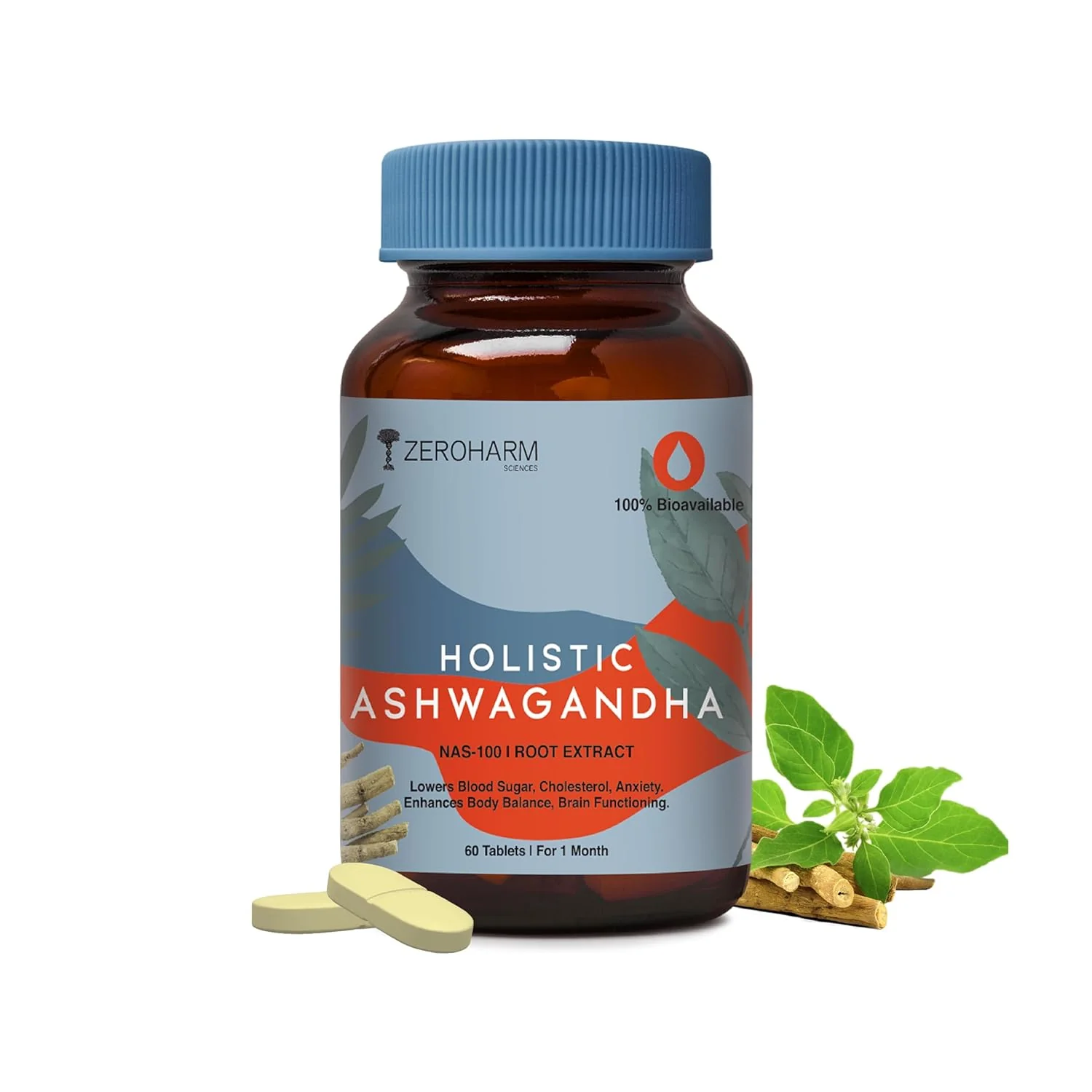 Zeroharm Holistic Ashwagandha Stress Relief Anti - Inflammation 100% Water Soluble & Bioavailable | 60 Tablets 100gm 0.2lbs