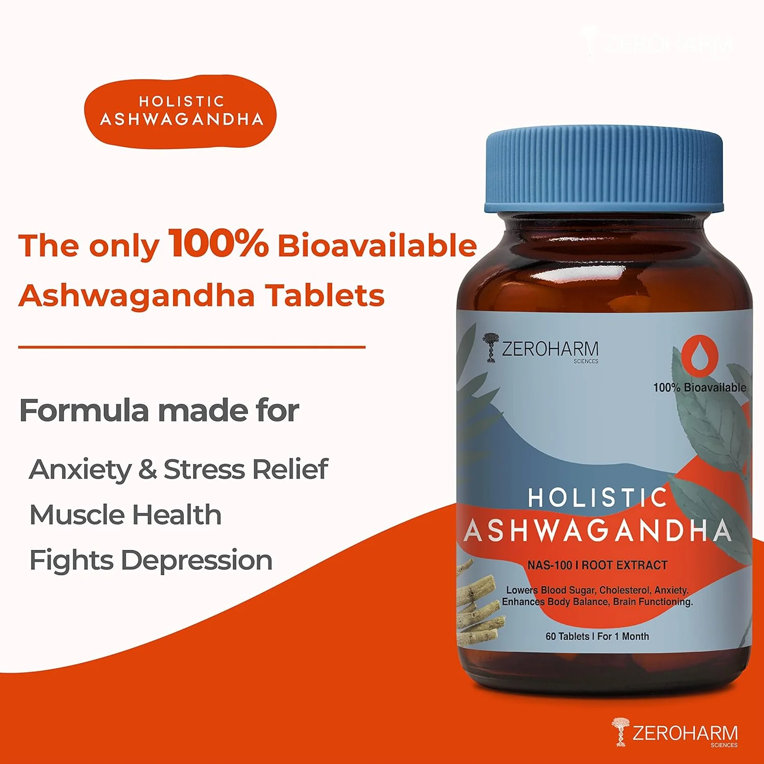 Zeroharm Holistic Ashwagandha Stress Relief Anti - Inflammation 100% Water Soluble & Bioavailable | 60 Tablets 100gm 0.2lbs - Image 2