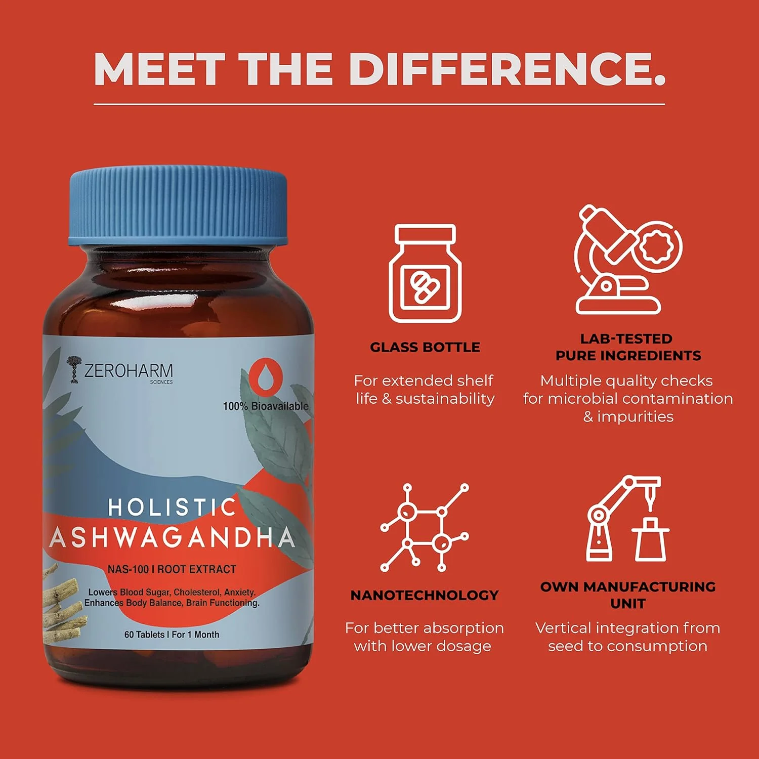 Zeroharm Holistic Ashwagandha Stress Relief Anti - Inflammation 100% Water Soluble & Bioavailable | 60 Tablets 100gm 0.2lbs - Image 3