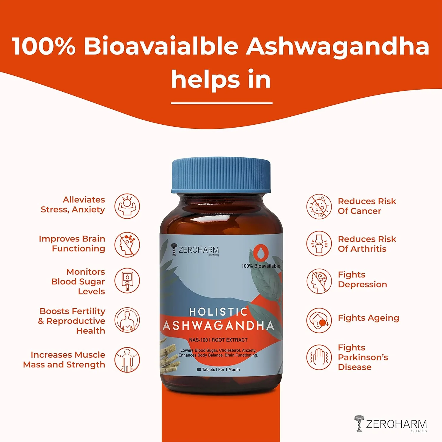 Zeroharm Holistic Ashwagandha Stress Relief Anti - Inflammation 100% Water Soluble & Bioavailable | 60 Tablets 100gm 0.2lbs - Image 4