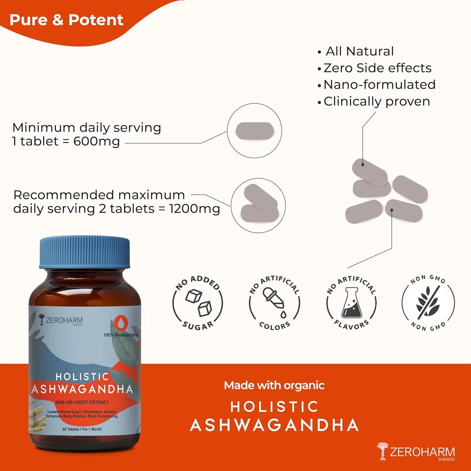 Zeroharm Holistic Ashwagandha Stress Relief Anti - Inflammation 100% Water Soluble & Bioavailable | 60 Tablets 100gm 0.2lbs - Image 5
