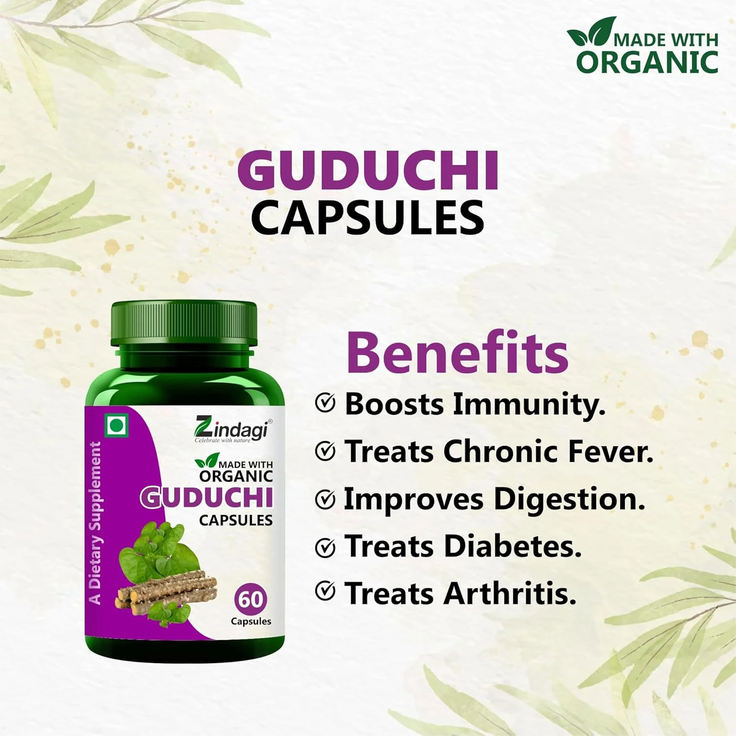 Zindagi Pure Organic Guduchi Extract Capsules, Natural Immunity Booster, Powerful Blend Of Herbs For Boosting Energy, Endurance & Overall Well Being | 60 Veg Capsules 100gm 0.2lbs Each Pack Of 2 - Image 2